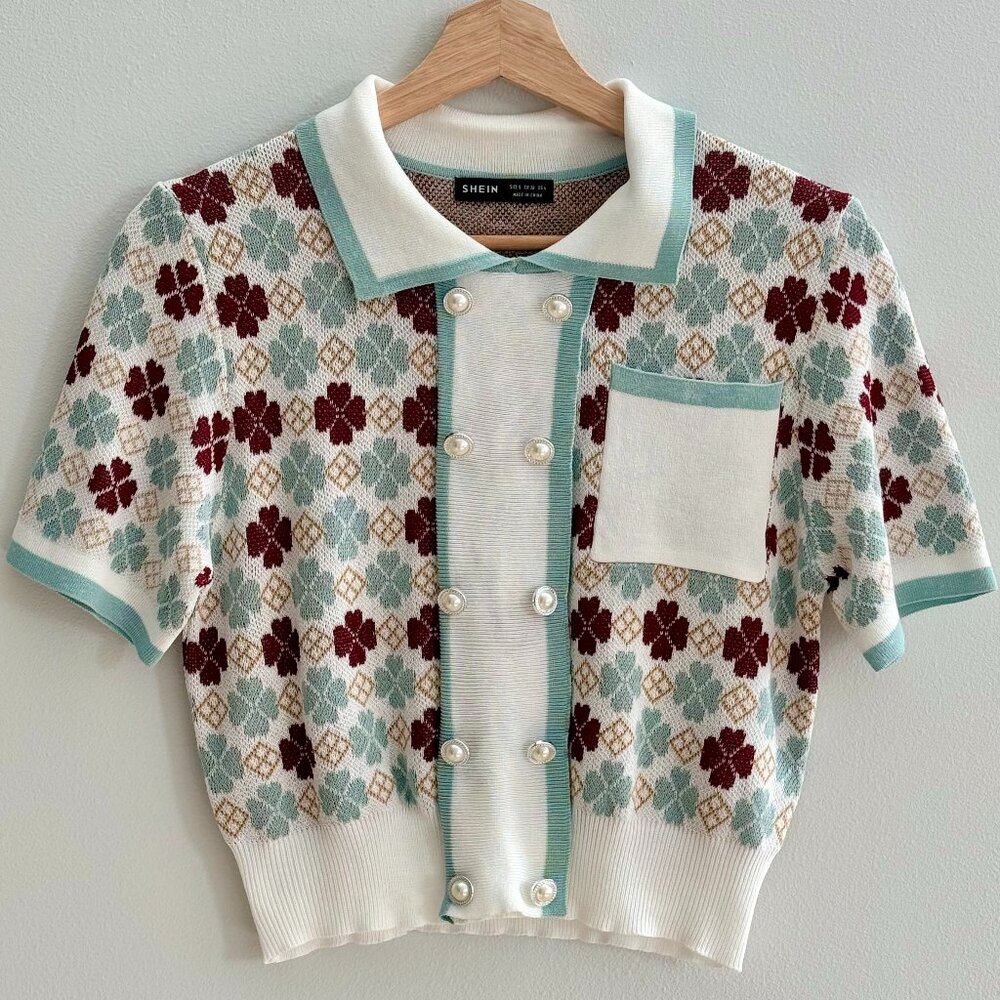 SHEIN Women's Geo Pattern Patch Pocket Button Front Knit Cropped Polo Top S NWOT